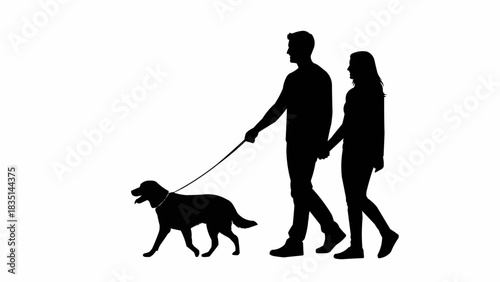 Silhouette of a couple walking their dog on a leash.