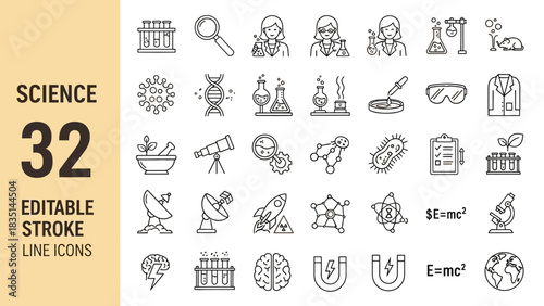Collection of Editable Stroke Science Line Icons for Scientific Concepts and Research