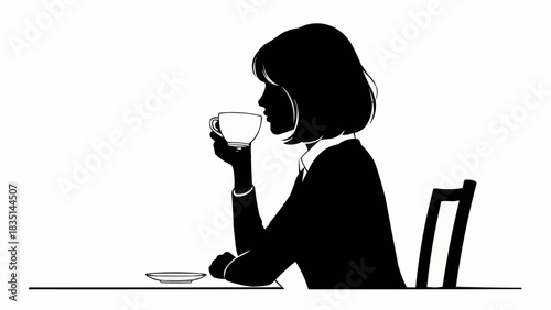 Silhouette of a Woman Enjoying Tea at a Table.