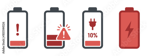Battery low charge icons. Exclamation marks, plugin, and percentage. Critical power levels.
