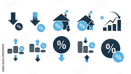 Dynamic set of financial icons illustrating market fluctuations, investment growth, interest rate changes, and property value trends with upward and downward indicators for economic analysis