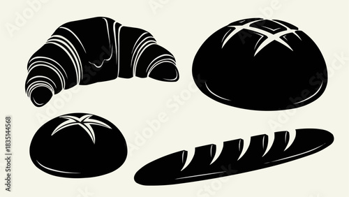 Collection of stylized black bakery icons croissant baguette and loaves.