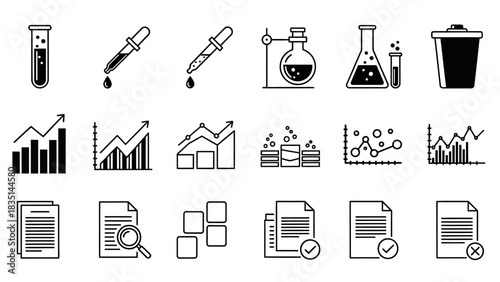 Science and Data Icons Test Tubes, Graphs, Documents, and Analysis
