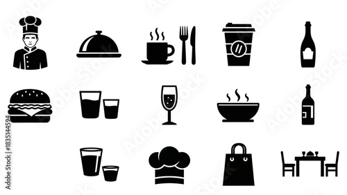 Black Silhouette Icons for Restaurant and Food Service, Dinnerware and Dining