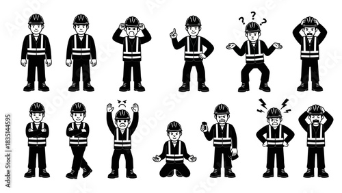 Diverse emotions & poses Line art of a worker in safety gear showing various expressions and actions