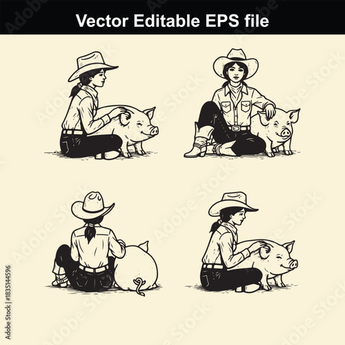 set of four black and white vector illustrations depicting a female farmer or rancher wearing a cowboy hat interacting affectionately with a pig in various seated poses
