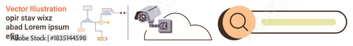 Data privacy, cloud storage, surveillance, digital security, system architecture, online search technology. Diagram, cloud security camera search bar. Data privacy and cloud storage visualization