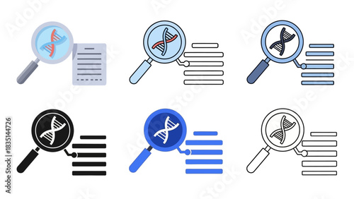 DNA Analysis Icons Exploring Genetic Information with Magnifying Glass