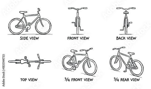 Bicycle outline drawing set. Bike from different perspectives. Cycling transport illustration.