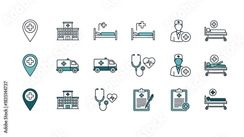 Comprehensive collection of healthcare vector icons featuring hospital, doctor, ambulance, and medical equipment symbols for modern web and app design projects