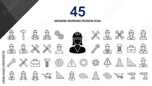 Modern Working Person Icons Set Diverse Construction and Engineering Symbols for Design