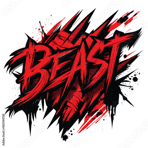 Beast text logo with aggressive typography and red brush strokes on white background