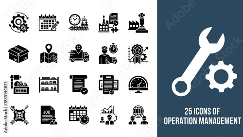 Detailed collection of operation management vector icons, featuring concepts like planning, logistics, production, supply chain, delivery, and business analytics for modern enterprises