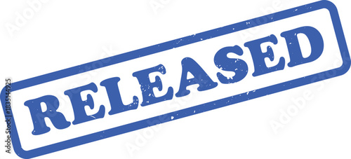 Blue Released Rubber Stamp Print on White Background, Textured Stamp Sign