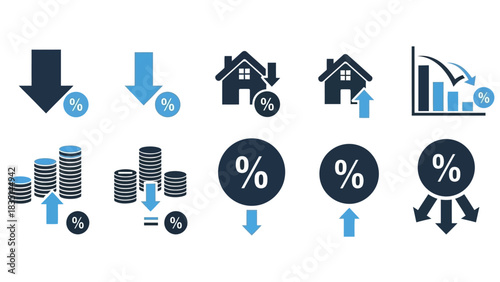 Real Estate & Financial Downward Trends Icons Illustrating Decreases, Percentages, and Declines