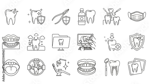 Modern Dentistry and Oral Health Line Icon Collection Comprehensive Outline Vector Set for Dental Care, Hygiene, and Treatment Concepts