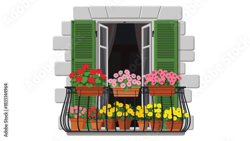 Italian balcony with colorful flowers cascading from open window for a summer escape, perfect for travel blogs and home design inspiration