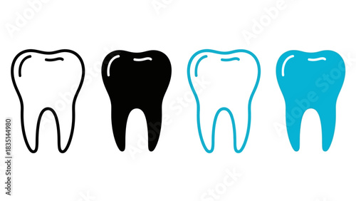 Set of four tooth icons in outline and solid styles. Dental care and stomatology vector symbols for web, logo, and graphic design concepts