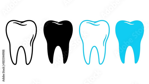Dental care icons representing healthy teeth in various styles, including outlined, solid black, and bright blue
