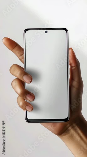 Hand holding a modern smartphone on a plain background.