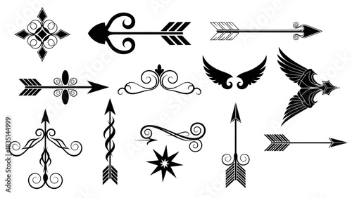 Collection of black ornamental arrow symbols with flourishes, hearts, and wings. A set of vector graphic design elements