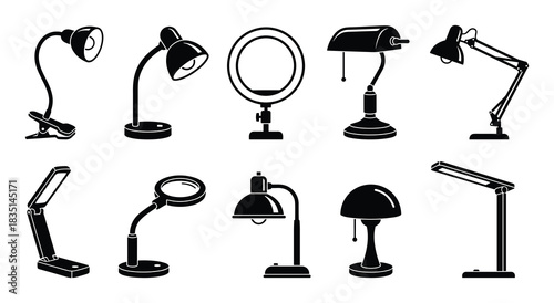 Black glyph icons of various desk lamps, table lamps, study lights, illumination devices vector