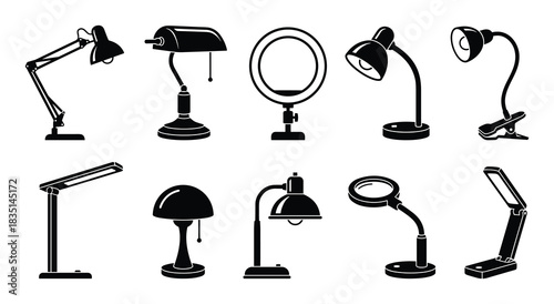 Black glyph icons of various desk lamps, table lamps, study lights, illumination devices vector