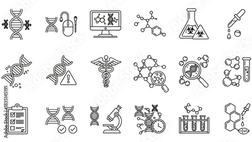 Set of thin line icons representing genetics, DNA research, chemistry, and medical laboratory science for data concepts