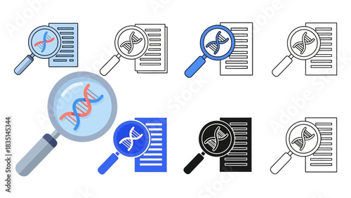 Magnifying glass examining DNA helix on document, representing scientific research and genetic analysis