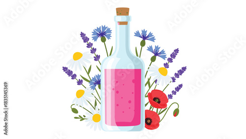 Elegant aromatherapy bottle surrounded by fresh lavender, cornflowers, daisies and poppies for natural wellness and spa promotions