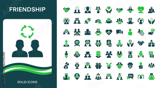 Solid vector icons representing friendship, social connection, partnership, and teamwork. Graphic elements for human relationships and collaboration concepts in digital designs