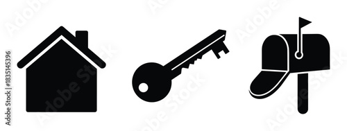 Black silhouettes representing home, security, and communication. House, key, and mailbox graphic element.