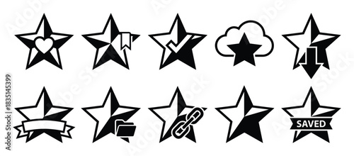 Black star icons for favorite, saved, download, and bookmark. Diverse symbols for user interface actions.