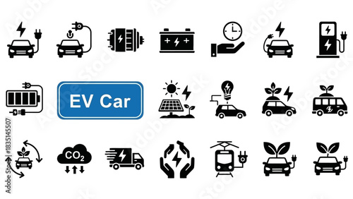 Electric Vehicle (EV) Car Icon Set Sustainable Transportation and Eco-Friendly Concepts