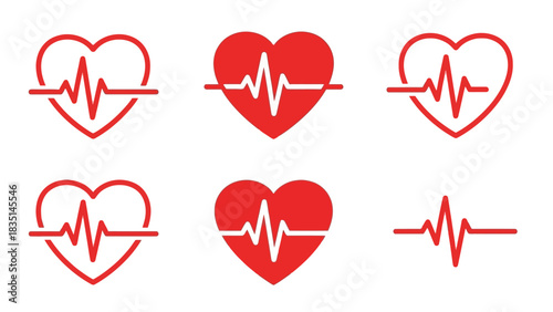 Red Heartbeat Icons Collection Electrocardiogram Symbols for Medical and Health Concepts