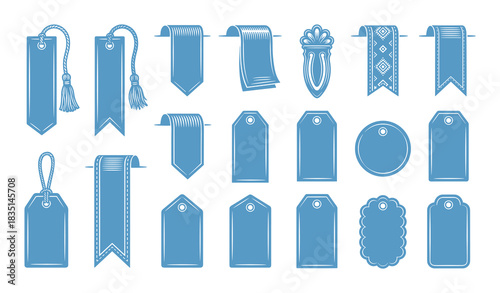Bookmarks and tags set. Collection of different shapes of labels, ribbons and decorative elements.