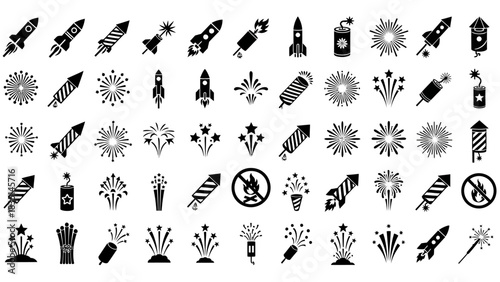Collection of diverse black and white fireworks icons and illustrations representing celebrations and pyrotechnics