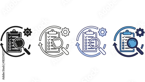 A versatile set of icons representing quality control, process audit, and system evaluation, ideal for business management and data analysis applications
