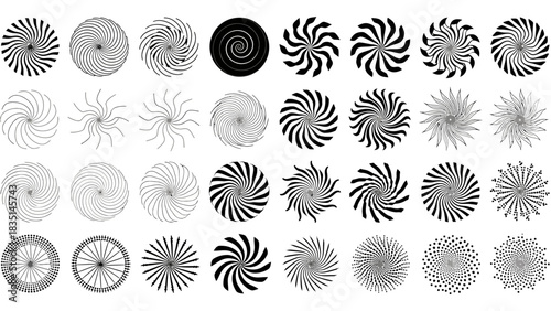 Abstract geometric circular patterns and designs resembling turbine blades or pinwheels