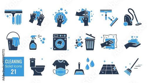 Solid vector icons for cleaning tasks, household chores, and sanitation. Essential glyphs for hygiene and maintenance, ideal for domestic or professional cleaning projects