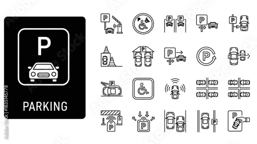 A comprehensive collection of line icons representing various aspects of car parking, including signs, payment systems, accessibility, and automated services