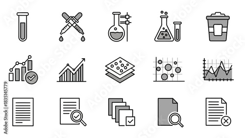 Versatile collection of linear icons illustrating scientific experimentation, robust data analytics, comprehensive document management, and progressive business insights