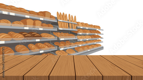 Fresh baked loaves on bakery shelves with rustic wooden counter for product placement and culinary creations, artisan breads and tasty treats