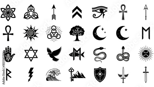 Striking collection of versatile vector icons featuring a wide array of spiritual, mythological, and abstract symbols for graphic design projects and creative content creation