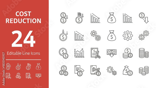 Set of 24 editable line icons representing cost reduction, financial savings, and economic efficiency in business and finance