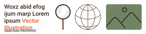 Data analysis, global connectivity, web exploration, search optimization, navigation, content discovery. Magnifying glass, globe mountain icons. Data analysis and global connectivity illustration