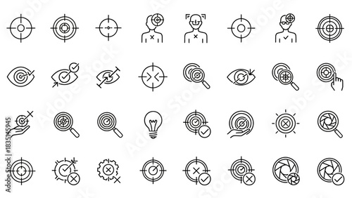 Diverse Collection of Outline Vector Icons Representing Concepts of Targeting, Focus, Vision, Accuracy, Strategy, and Precision, Perfect for Design Projects and Digital Interfaces