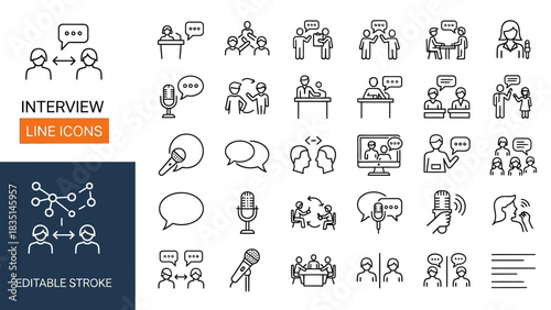 Interview Line Icons Diverse Illustrations of Conversations, Meetings, and Communication