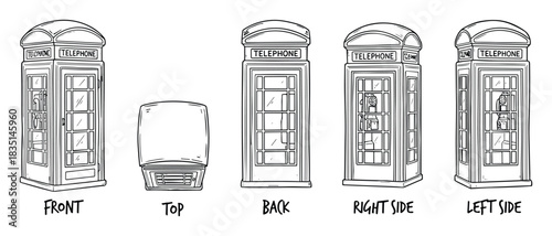 British telephone booth multiple views classic communication cabin detailed outline illustration