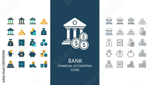 Financial Icons Bank Services, Money, and Investment Assets
